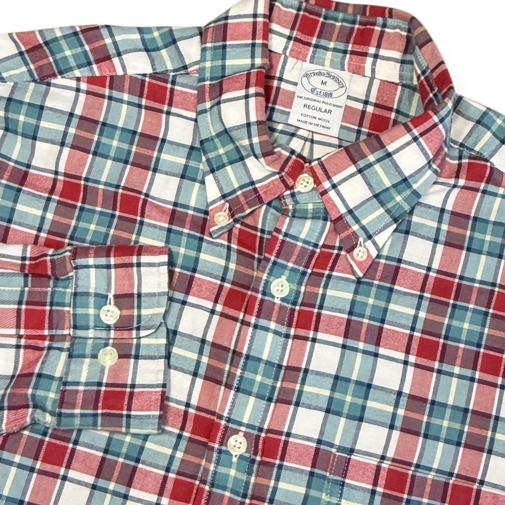 Brooks Brothers Button Down Shirt Men Medium Red Blue Plaid Cotton Wool Regular